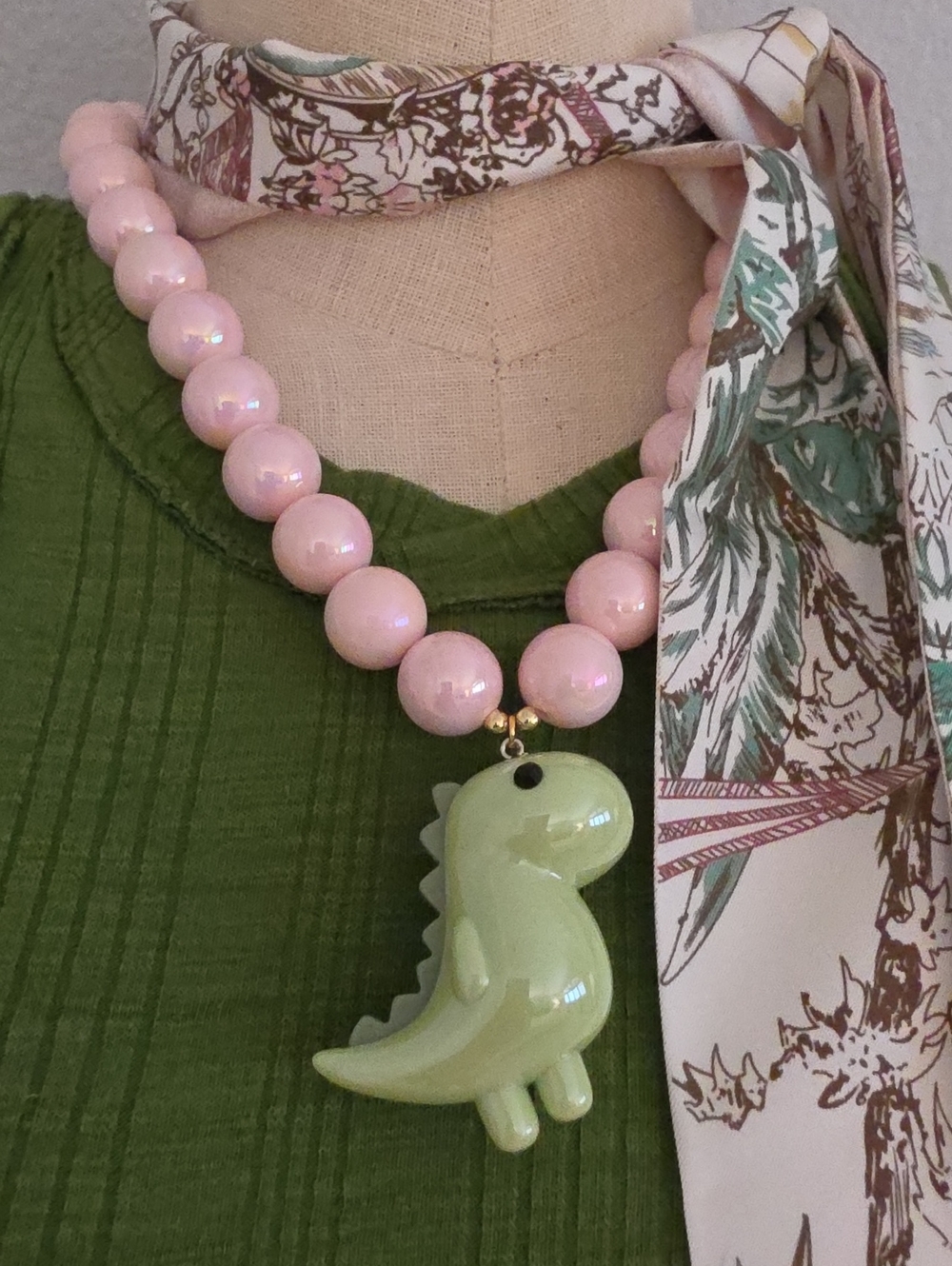Bubble Gum Pink Necklace with Green Dinosaur Pendant -
